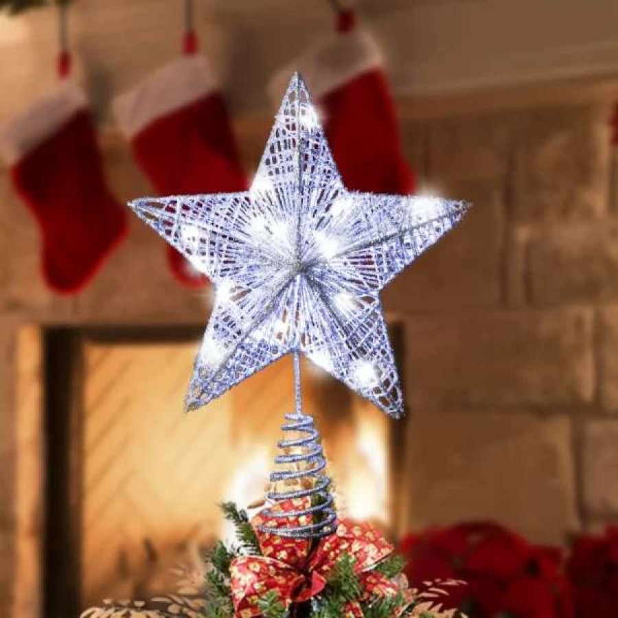 * Joiedomi Christmas Glittery Silver Light Up Star Tree Topper | Christmas Tree Decorations