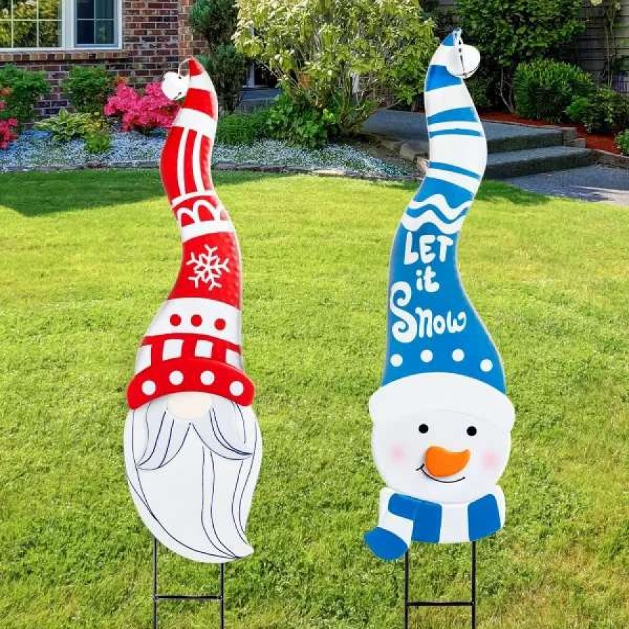 * Joyin 2Pcs Snowman And Gnome Metal Christmas Yard Signs With Stake | Christmas Outdoor Decor