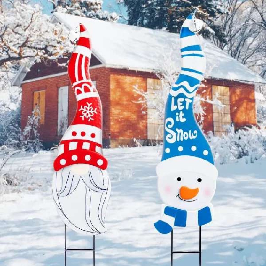 * Joyin 2Pcs Snowman And Gnome Metal Christmas Yard Signs With Stake | Christmas Outdoor Decor