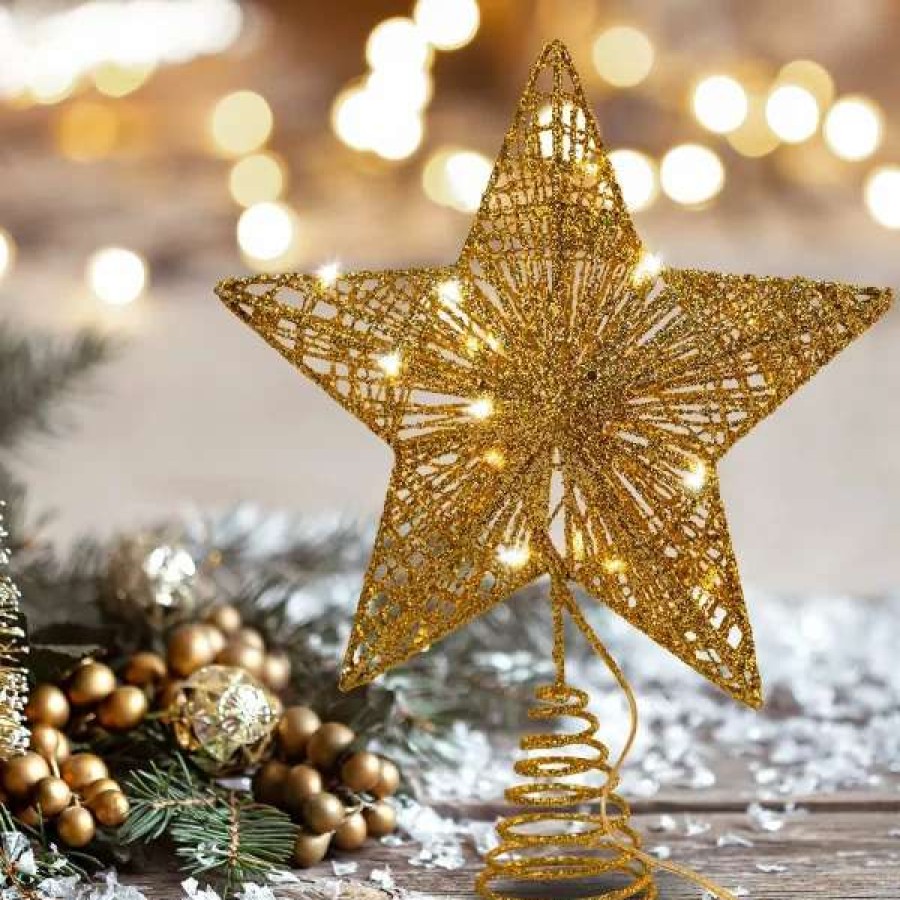 * Joiedomi Christmas Glitter Lighted Gold Star Tree Topper | Christmas Tree Decorations