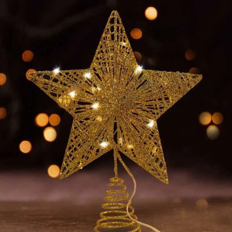 * Joiedomi Christmas Glitter Lighted Gold Star Tree Topper | Christmas Tree Decorations