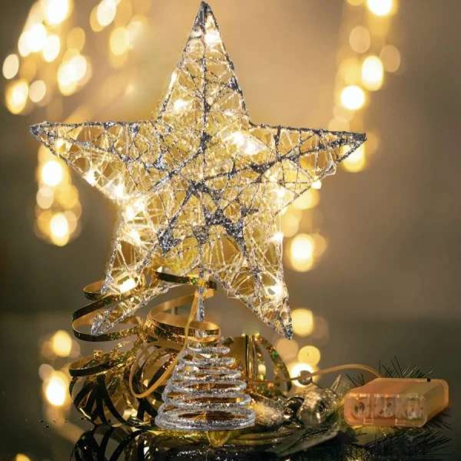 * Joiedomi Christmas Glitter Lighted Silver Tree Topper Star | Christmas Tree Decorations