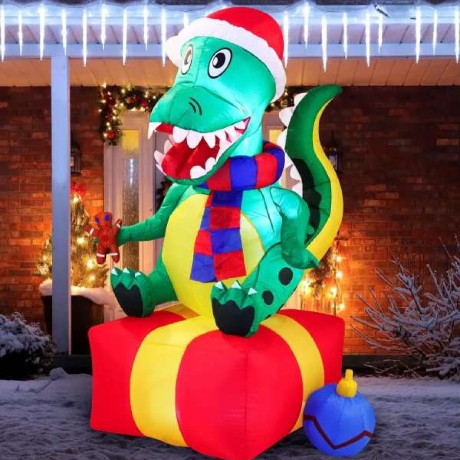 * Joiedomi 6Ft Inflatable Led Christmas Dinosaur Sitting On A Gift | Christmas Inflatables