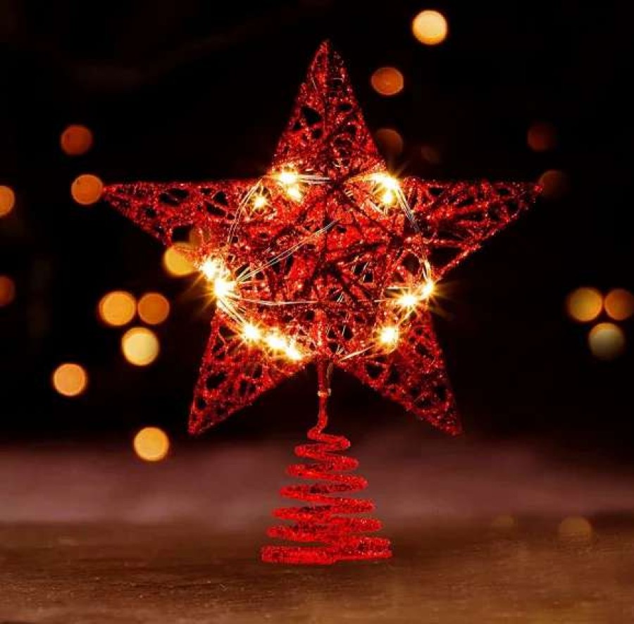 * Joiedomi Christmas Glitter Lighted Red Star Tree Toper | Christmas Tree Decorations