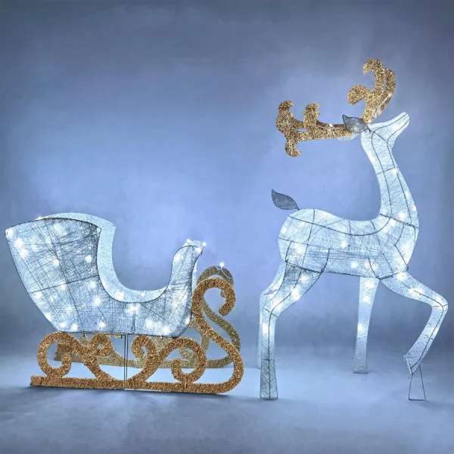 * Joiedomi 2Pcs 180 Led White Lighted Reindeer And Sleigh | Christmas Outdoor Decor