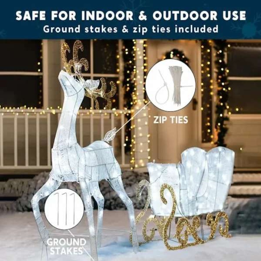 * Joiedomi 2Pcs 180 Led White Lighted Reindeer And Sleigh | Christmas Outdoor Decor