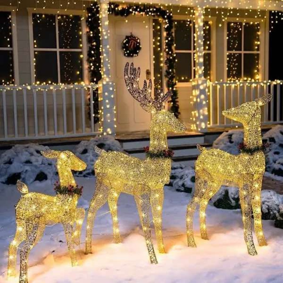 * Joiedomi 3Pcs Christmas Yard Lights 5Ft Buck, 4Ft Doe, 3Ft Fawn With Wreath | Christmas Outdoor Decor