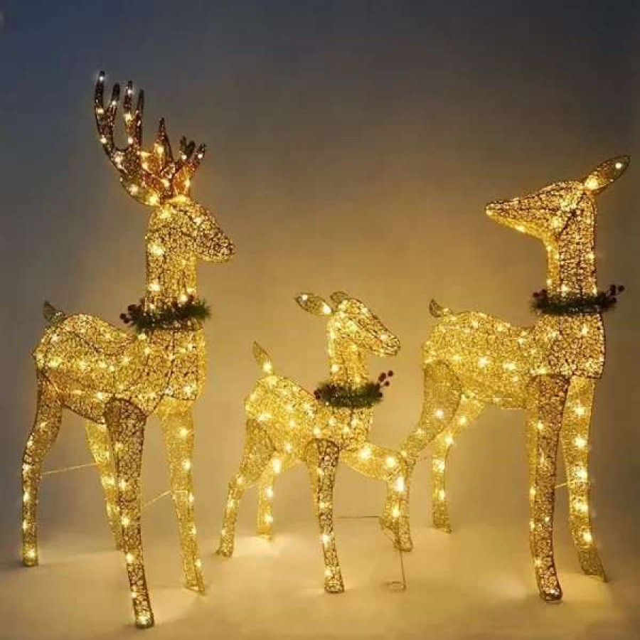 * Joiedomi 3Pcs Christmas Yard Lights 5Ft Buck, 4Ft Doe, 3Ft Fawn With Wreath | Christmas Outdoor Decor