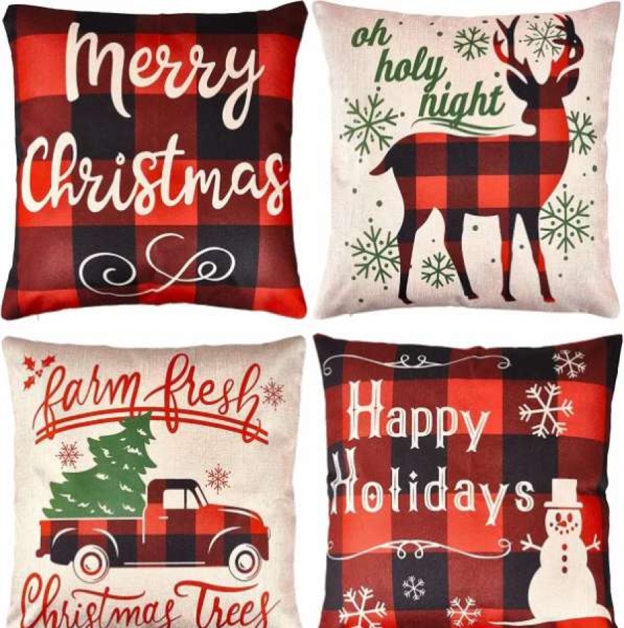 * Joiedomi 4Pcs Buffalo Plaid Reindeer And Truck Pillow Covers | Christmas Indoor Decor