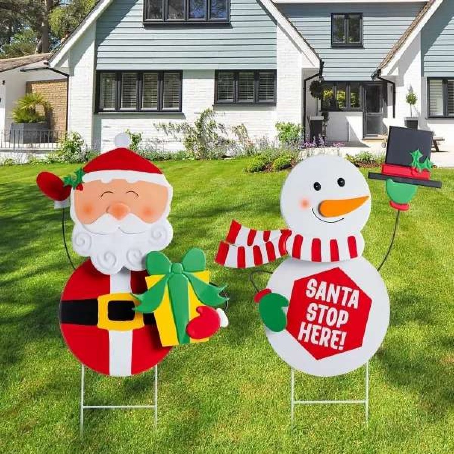 * Joyin 2Pcs Snowman And Santa With Circle Belly Metal Yard Signs | Christmas Outdoor Decor