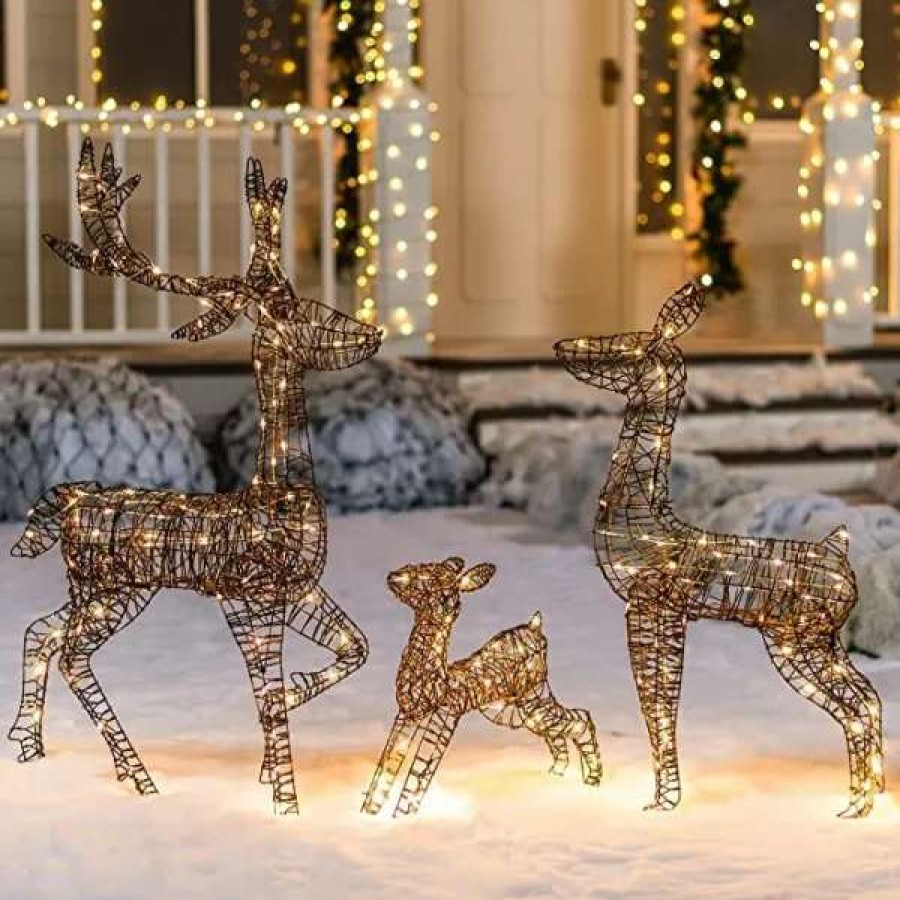 * Joiedomi 3Pcs Rattan Christmas Reindeer Buck, Doe, And Fawn Yard Lights | Christmas Outdoor Decor