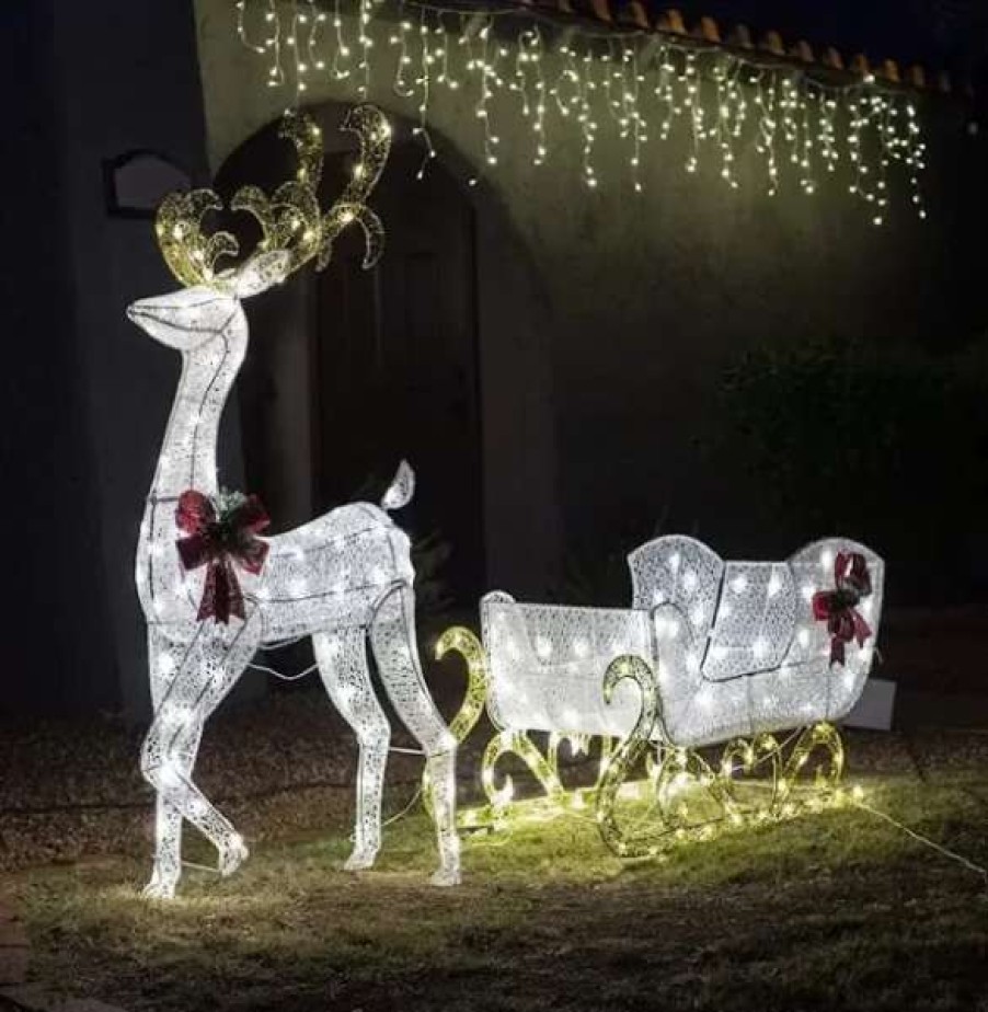 * Joiedomi 3D Fabric Led Lighted Reindeer With Sleigh Decorations 5Ft | Christmas Outdoor Decor