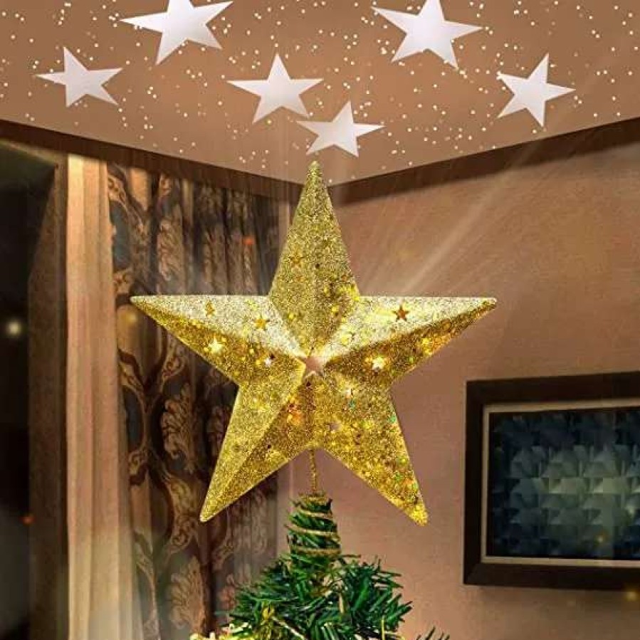 * Joiedomi Led Light Up Gold Star Tree Topper W/ White Projector | Christmas Tree Decorations